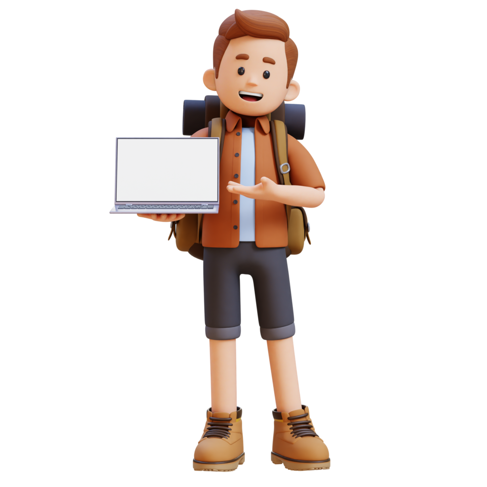 3D Traveller Character Presenting on Empty Computer Screen png