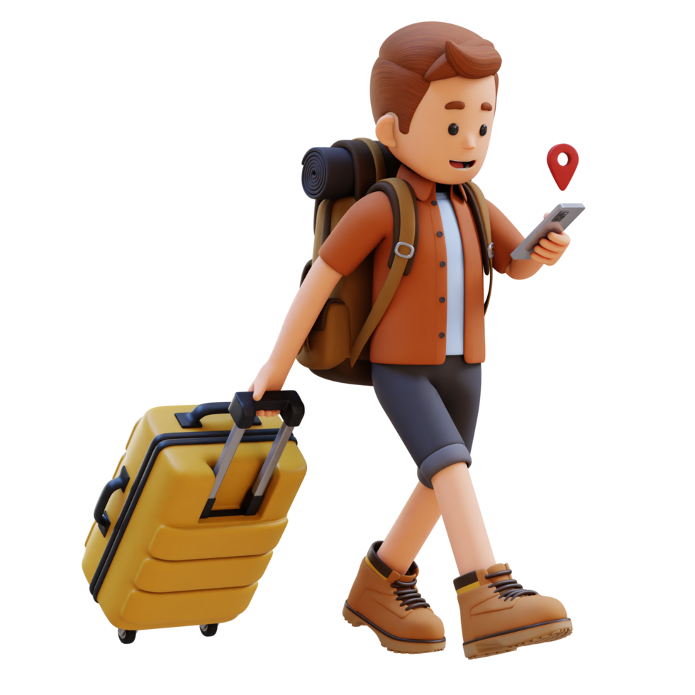 3D Traveller Character Checking Map on Phone while Walking and Pull Suitcase png