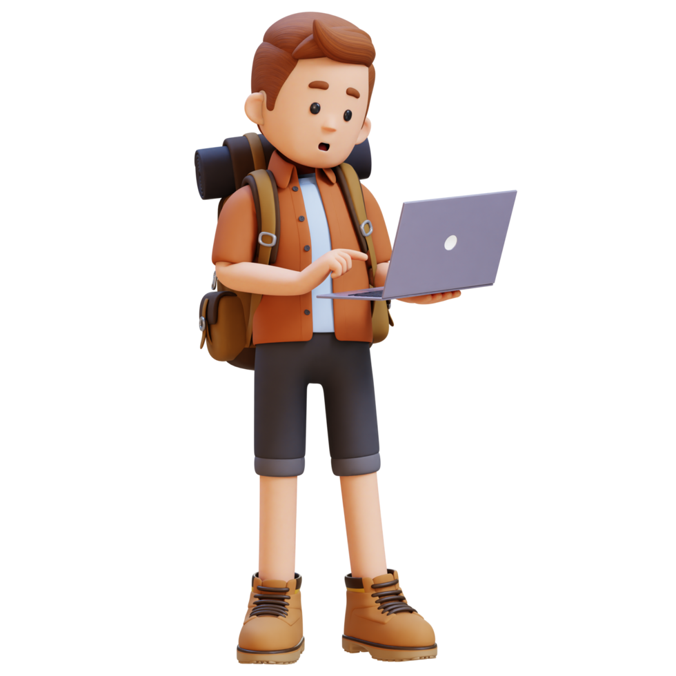 3d voyageur personnage travail sur une portable png