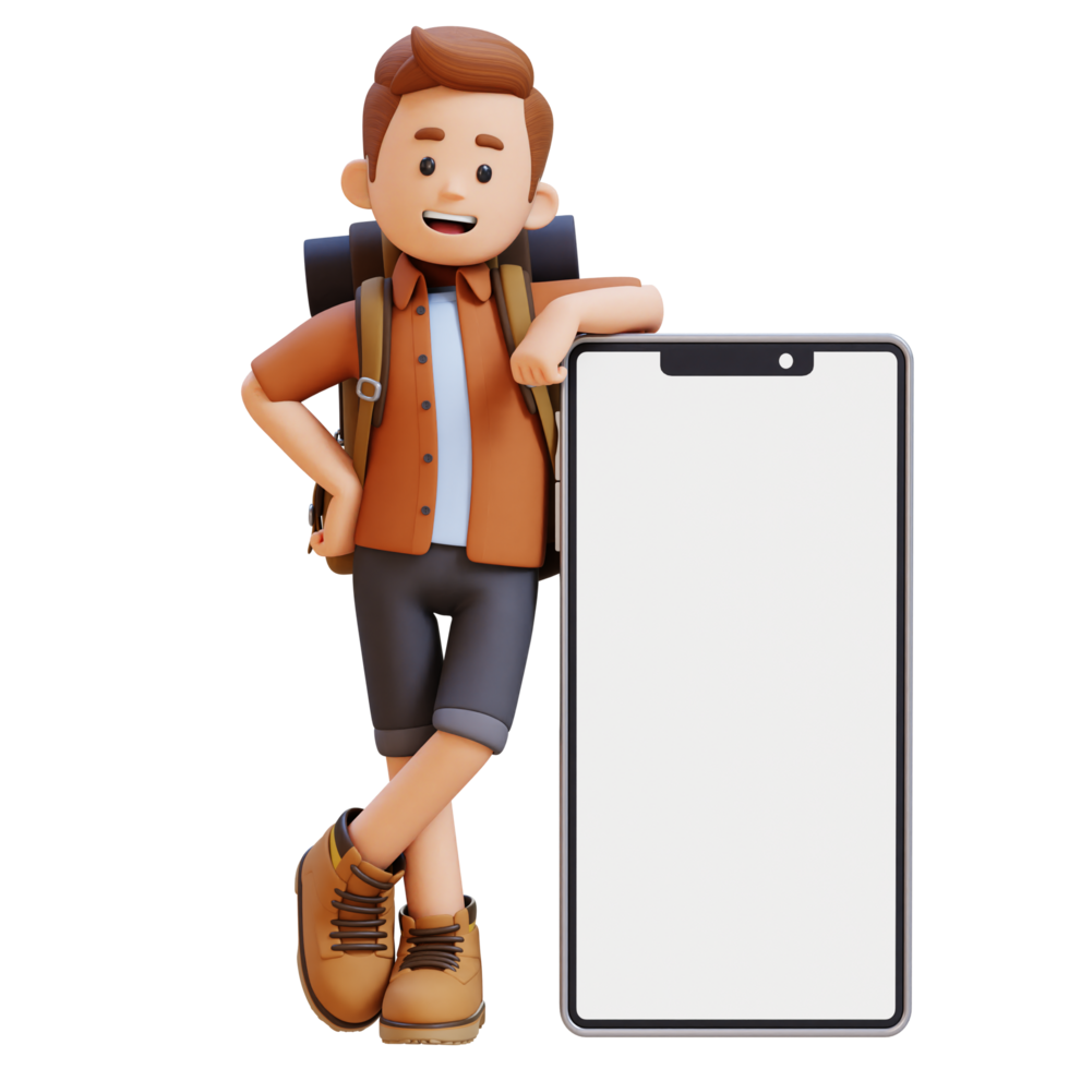 3D Traveller Character Lying on Large Empty Phone Screen png