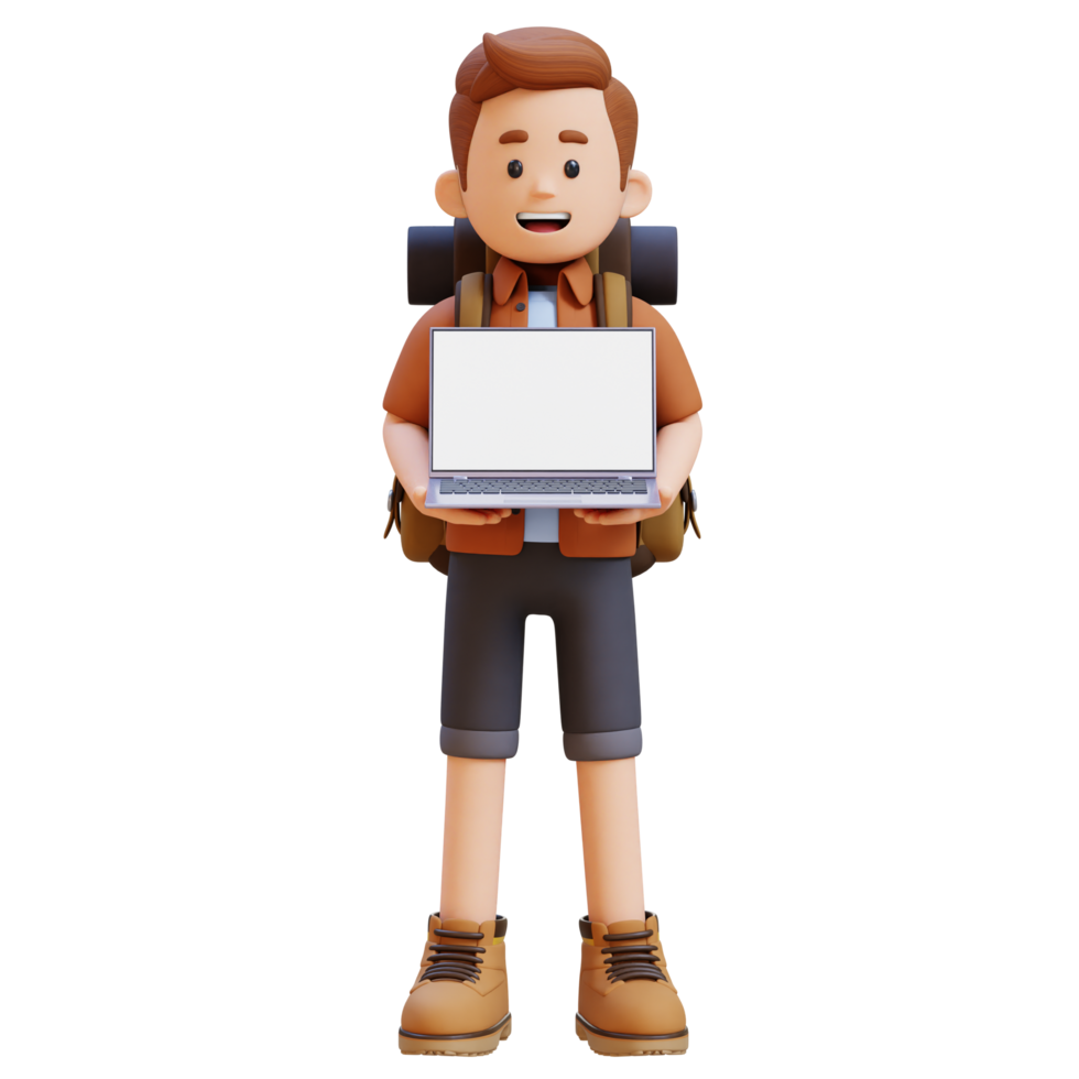 3D Traveller Character Holding Laptop with Empty Screen png