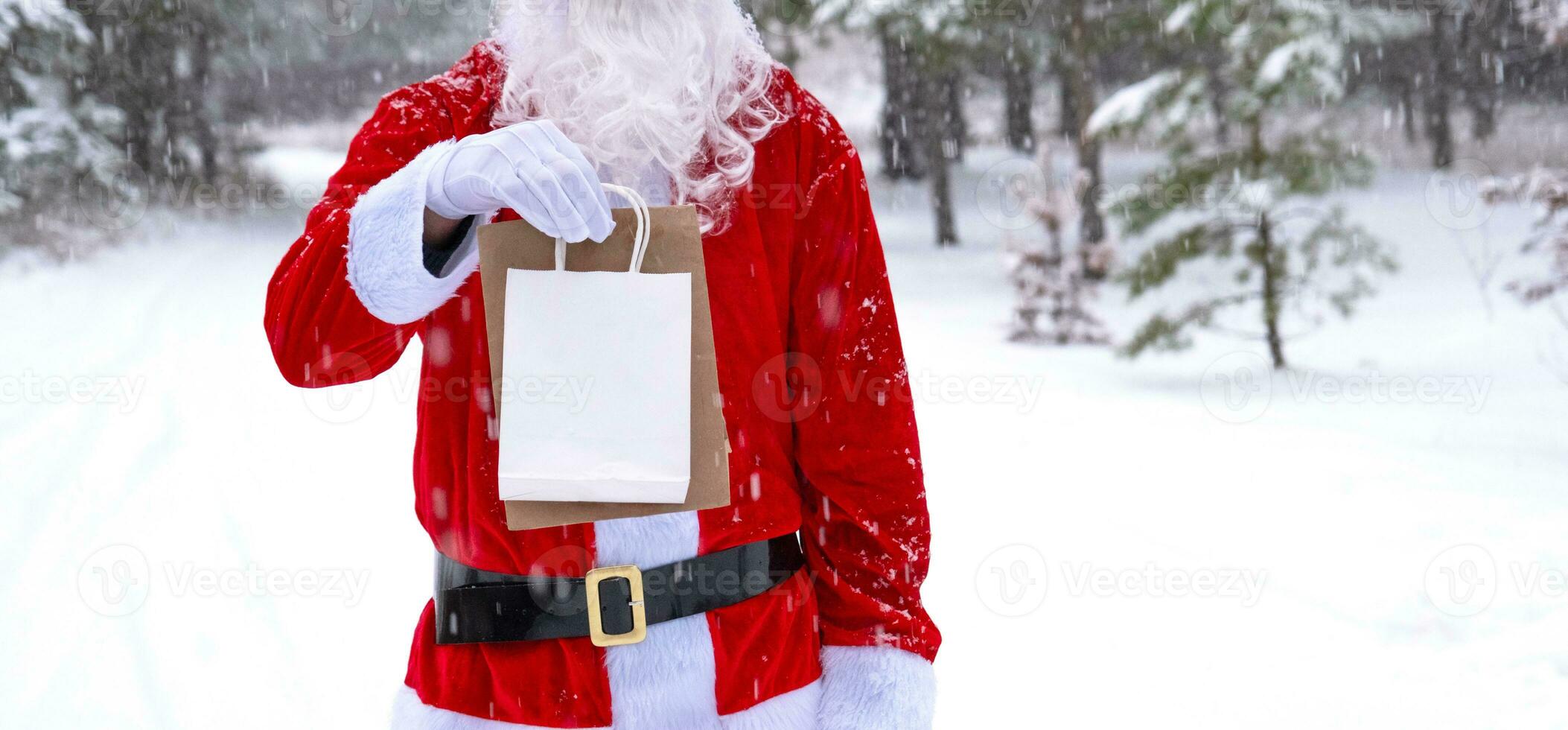 Santa Claus outdoor in winter and snow handing in hand eco paper bags with craft gift, food delivery. Shopping, packaging recycling, handmade, delivery for Christmas and New year photo