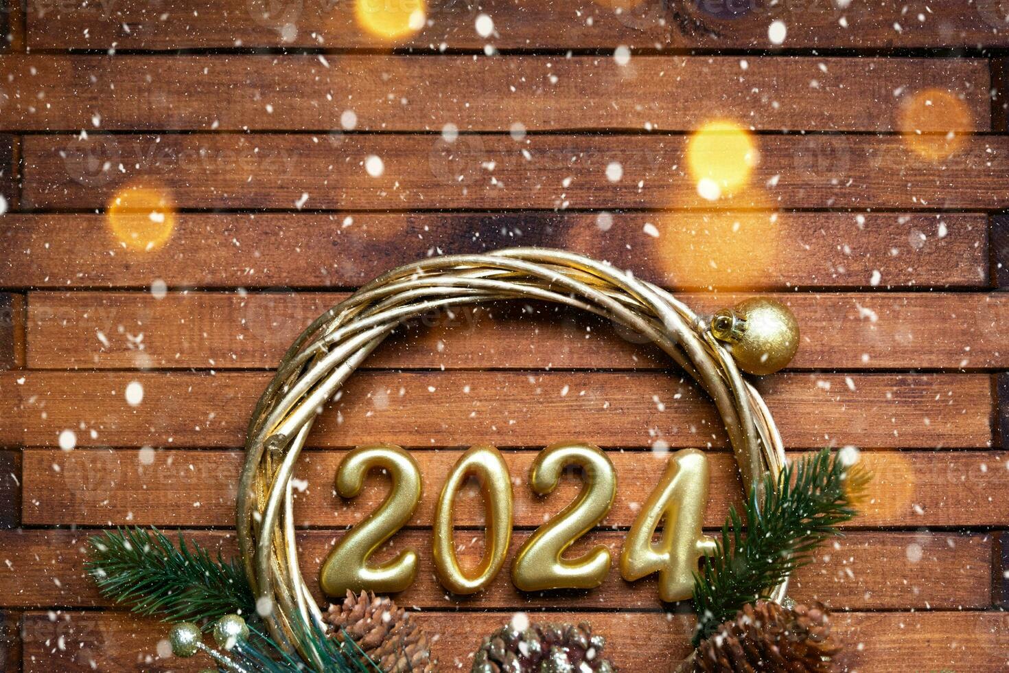 Happy New Year wooden numbers 2024 on cozy festive brown wooden background with sequins, snow, lights of garlands. Greetings, postcard. Calendar, cover photo