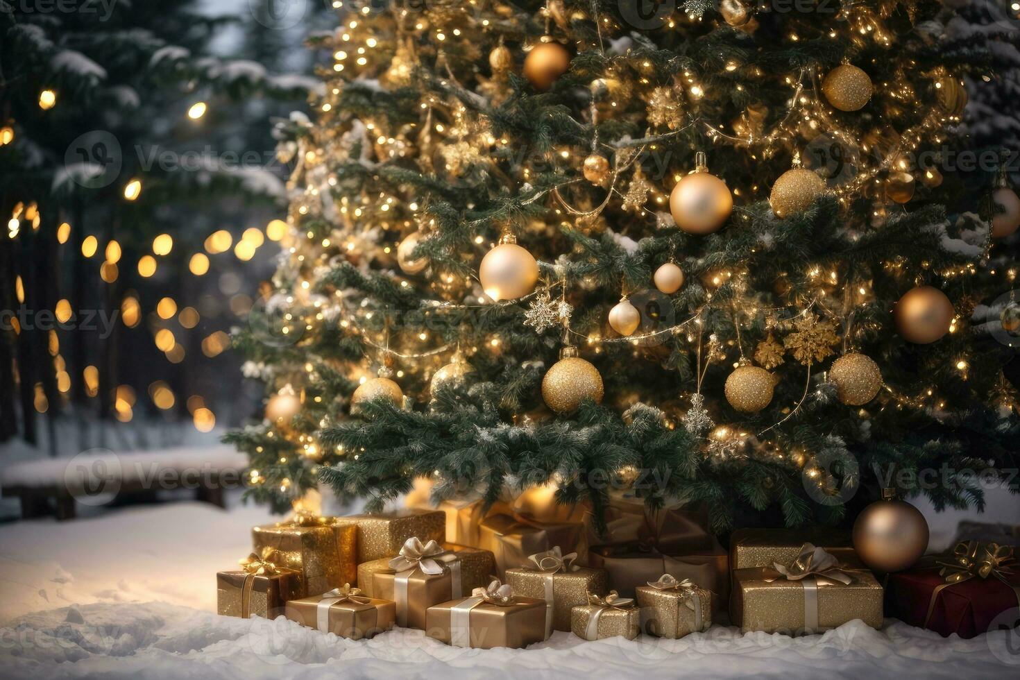 Fairy Christmas tree glows with warm fairy lights with golden decor in