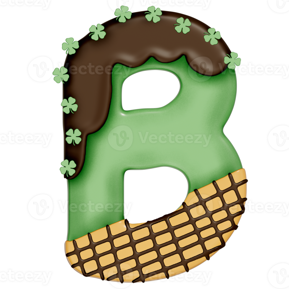 St. Patrick's day dessert alphabet B with decoration on transparent background , 3D Rendering png