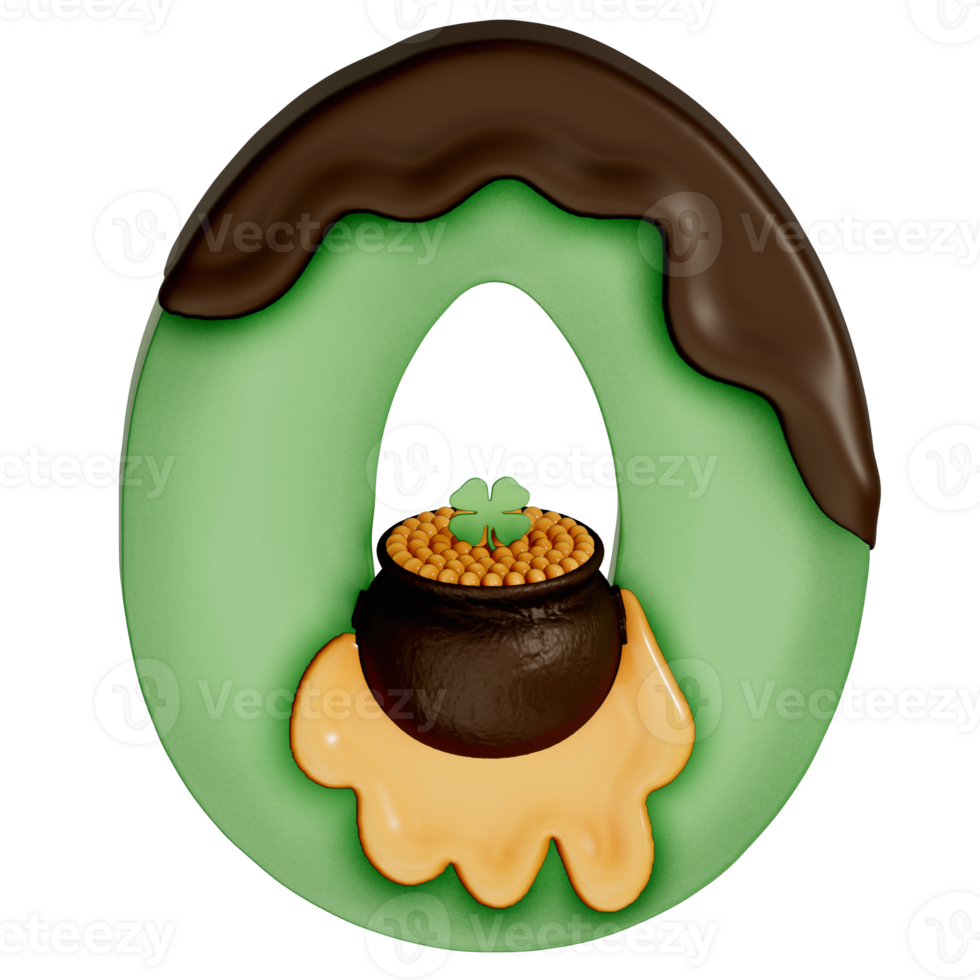 St. Patrick's day dessert alphabet O with decoration on transparent background , 3D Rendering png