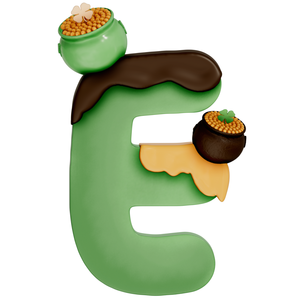 St. Patrick's day dessert alphabet E with decoration on transparent background , 3D Rendering png