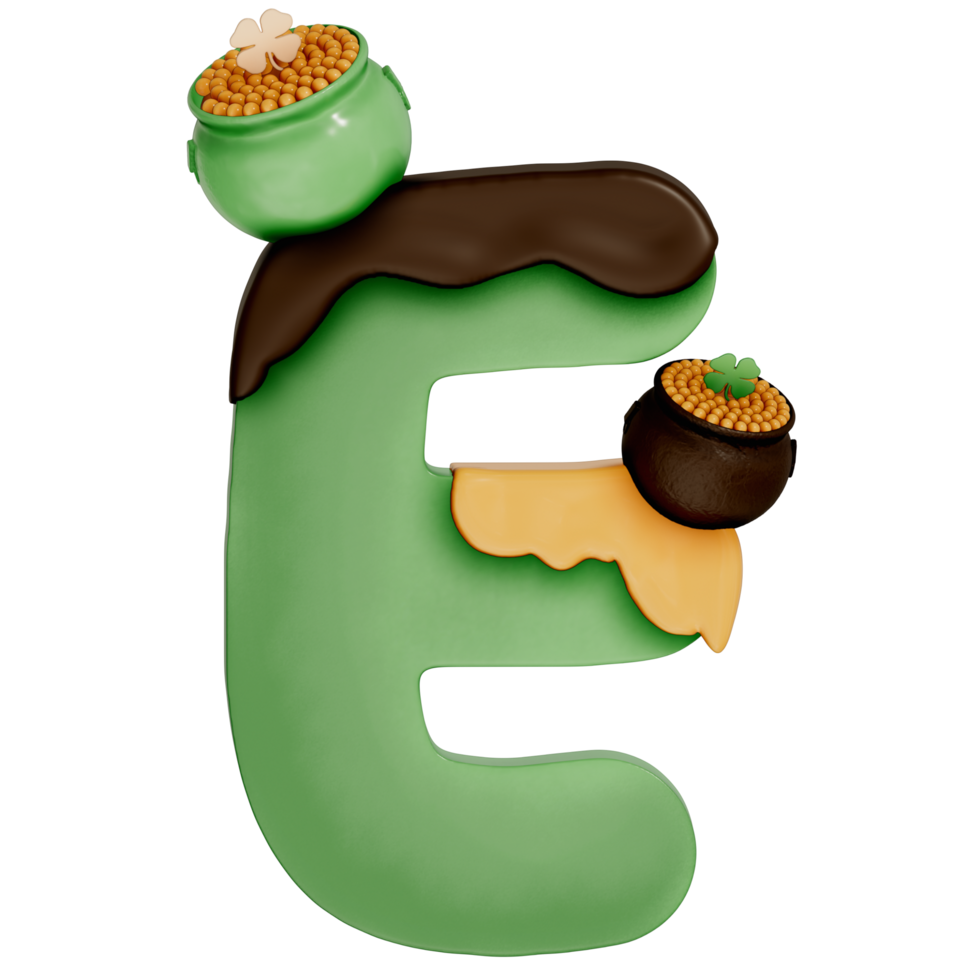 st. patrick's journée dessert alphabet e avec décoration sur transparent Contexte , 3d le rendu png