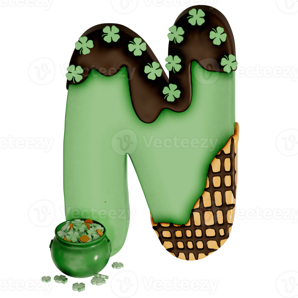 St. Patrick's day dessert alphabet N with decoration on transparent background , 3D Rendering png