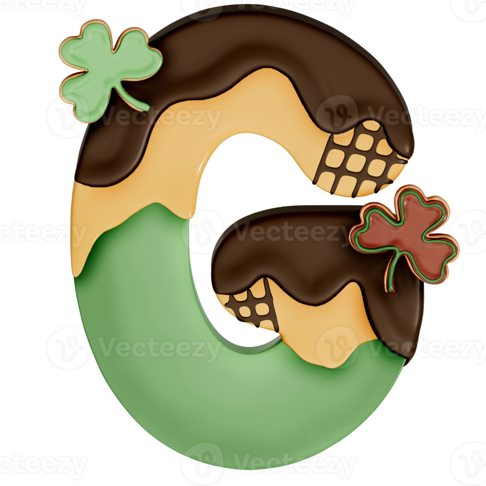 St. Patrick's day dessert alphabet G with decoration on transparent background , 3D Rendering png
