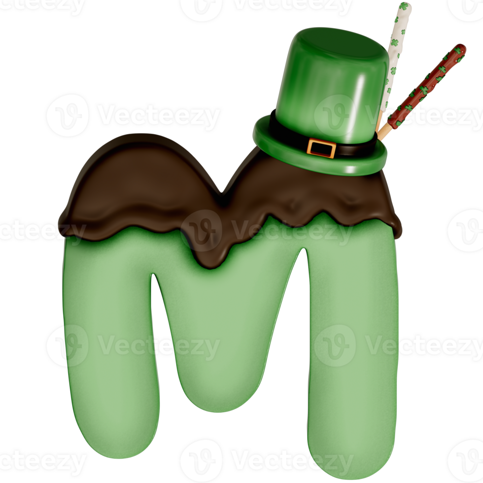 St. Patrick's day dessert alphabet M with decoration on transparent background , 3D Rendering png