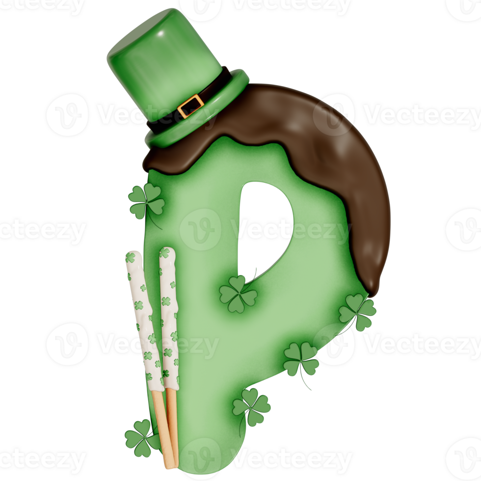 St. Patrick's day dessert alphabet P with decoration on transparent background , 3D Rendering png