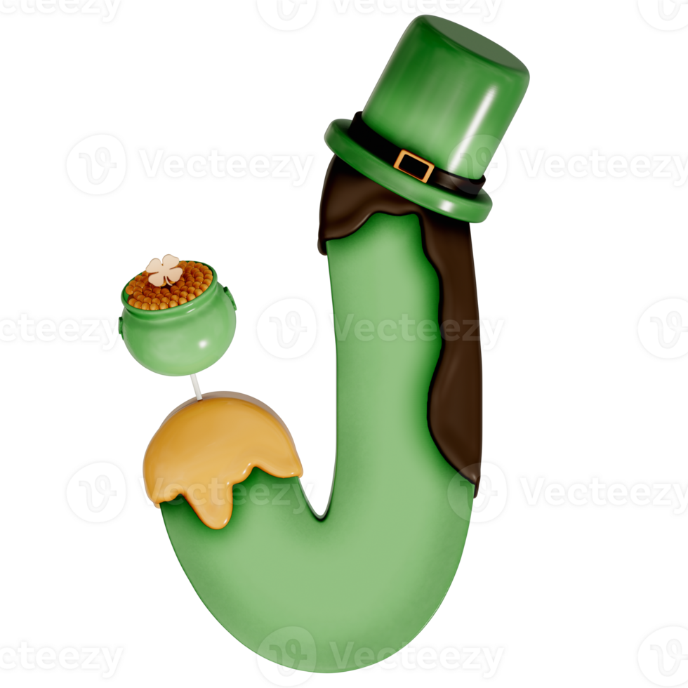 St. Patrick's day dessert alphabet J with decoration on transparent background , 3D Rendering png