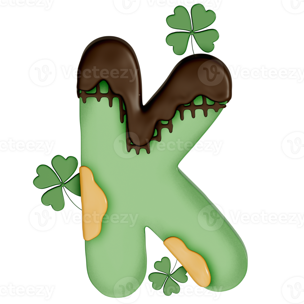 St. Patrick's day dessert alphabet K with decoration on transparent background , 3D Rendering png