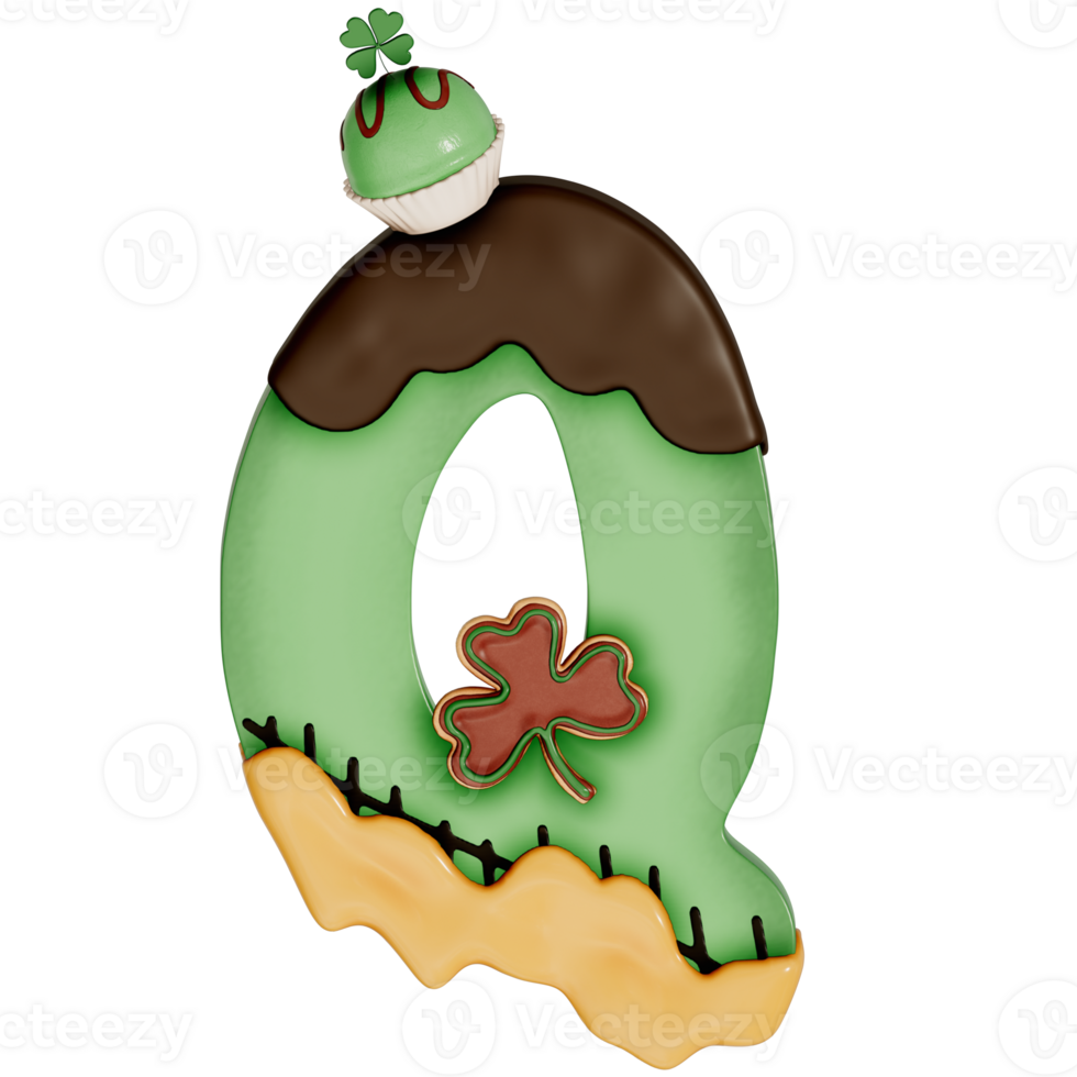 St. Patrick's day dessert alphabet Q with decoration on transparent background , 3D Rendering png