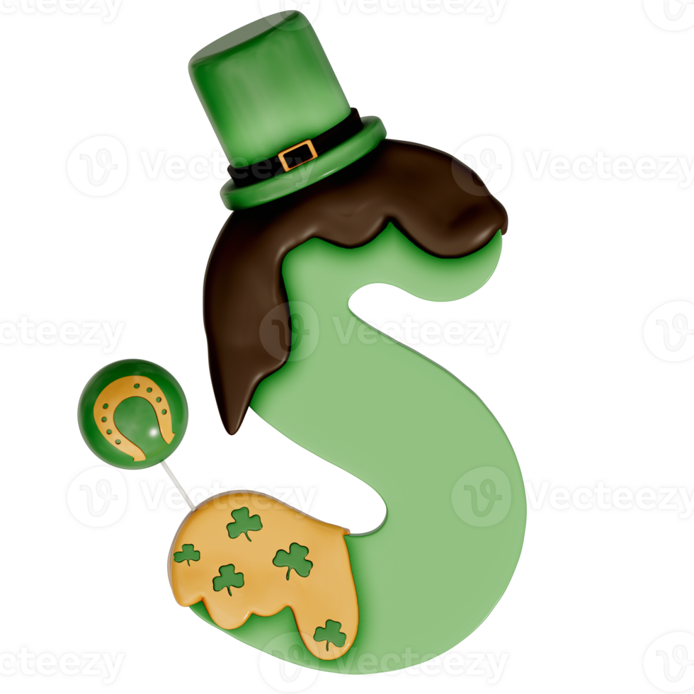 St. Patrick's day dessert alphabet S with decoration on transparent background , 3D Rendering png