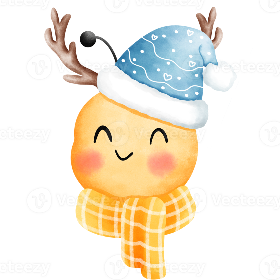 Cheerful watercolor cute little bee with antler wearing a blue beanie and yellow scarf. png