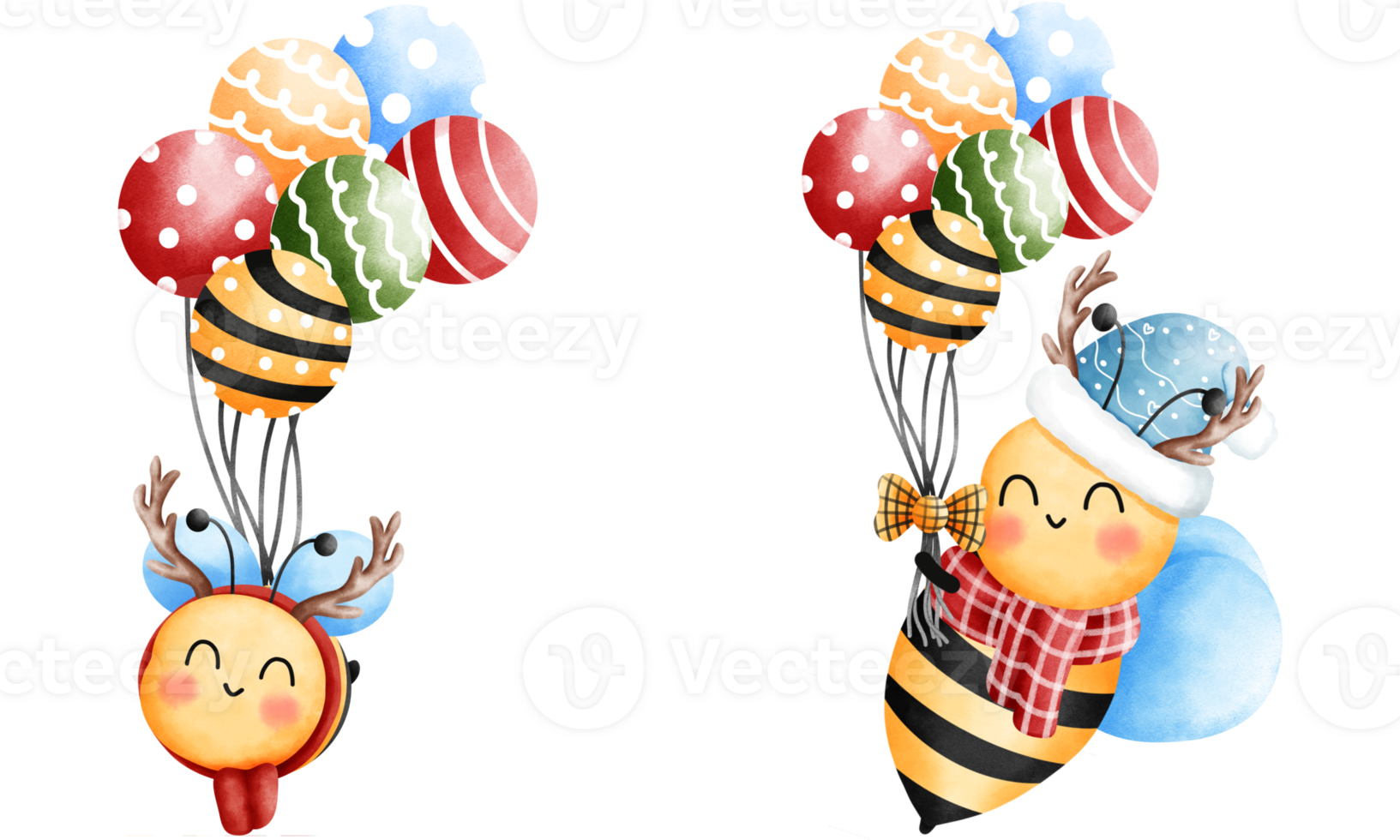 Happy little bees wearing a blue beanie and red scarf with antlers and colorful balloons set. png