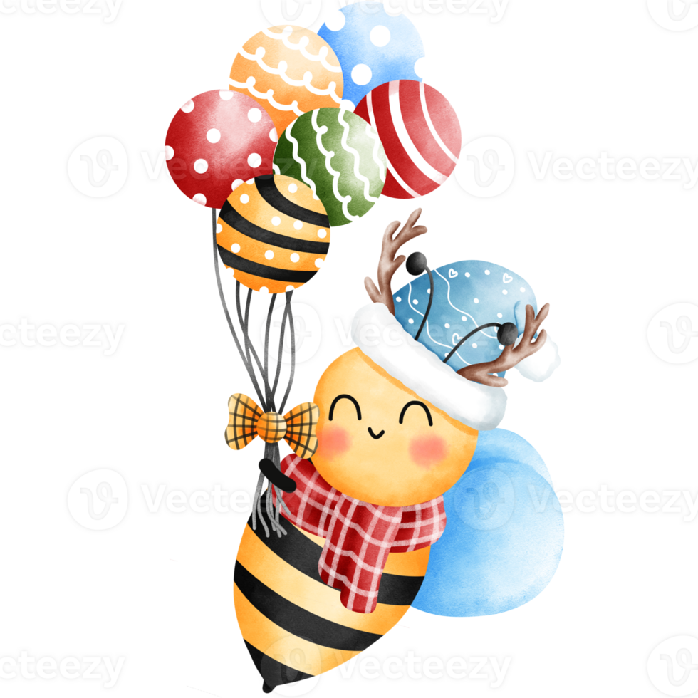 Happy little bee wearing a blue beanie and red scarf with antler and christmas balloons. png