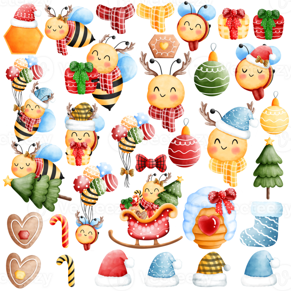 Set of cheerful watercolor happy little bee with christmas ornaments illustration.Cute animal with christmas accessories illustration. png