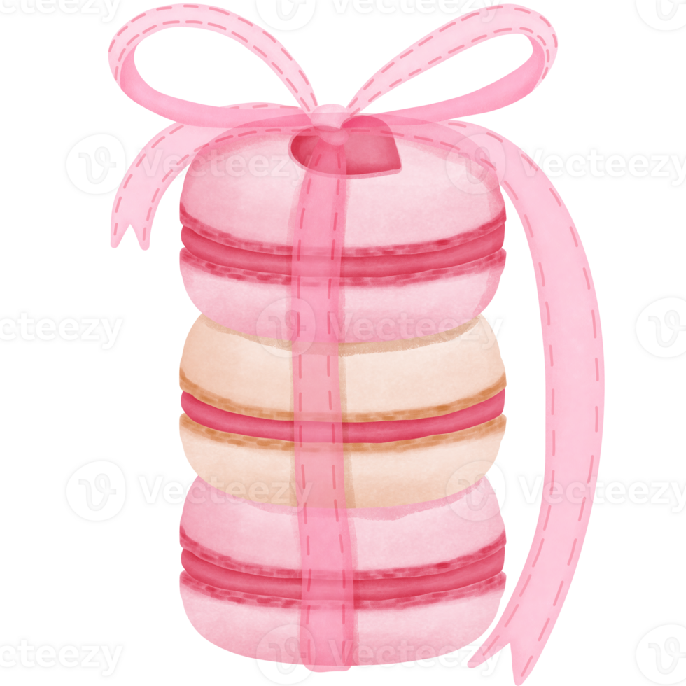 Whimsical watercolor strawberry macaron clipart with pink ribbon.Valentine sweets.Watercolor valentine dessert clipart. png