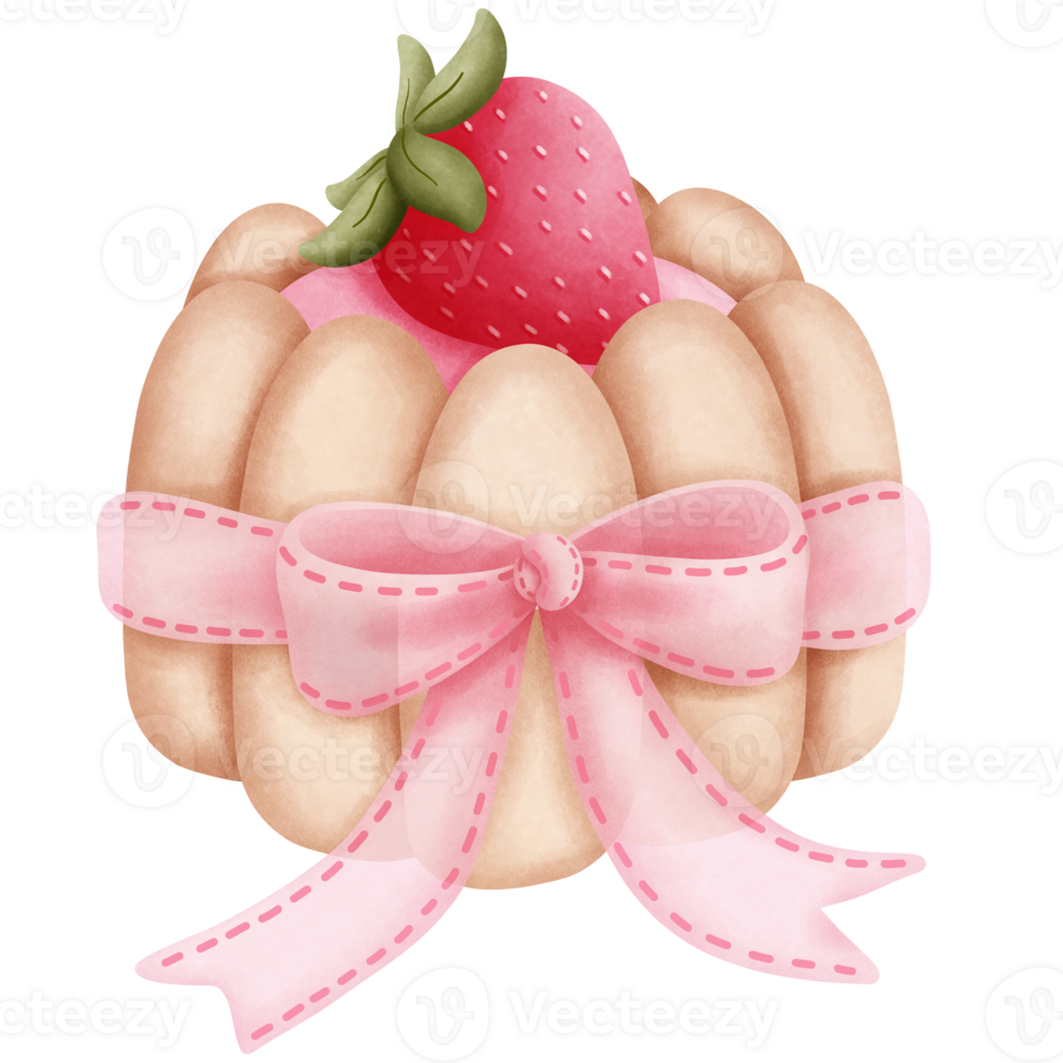 Romantic watercolor strawberry charlotte cake clipart with pink ribbon.Whimsical dessert illustration. png