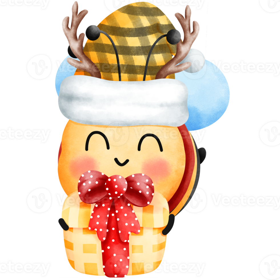 Happy little bee wearing a yellow beanie and red scarf with antler holdind a christmas colorful gift box. png