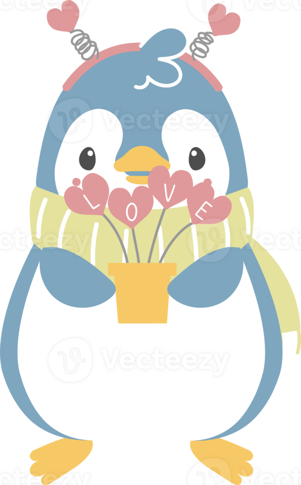 happy valentine's day with penguin holding heart shape plant, love concept, flat png cartoon character design transparent