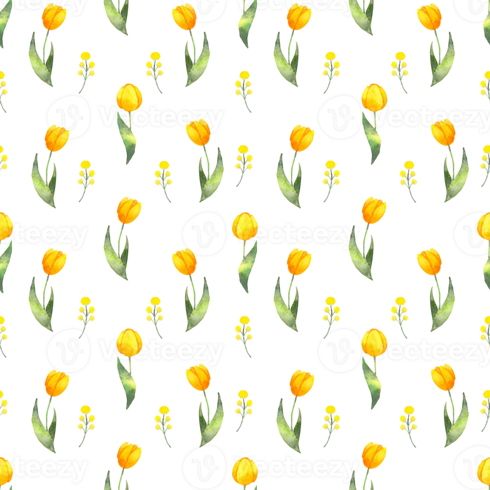 Seamless yellow tulip pattern.Background of botanical yellow flowers. Watercolor illustration. Texture for packaging, printing on fabric, paper. Hand drawn art isolated. png