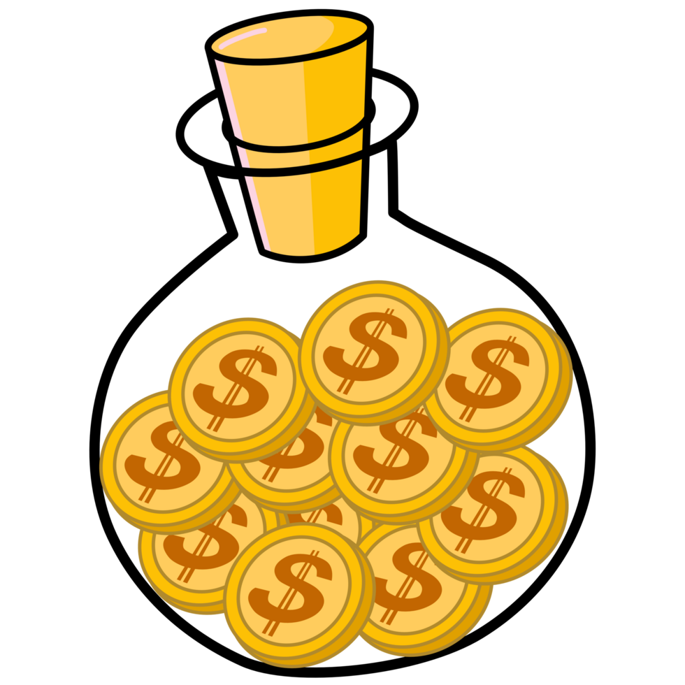 Gold coins in glass bottle, investing fund savings. png