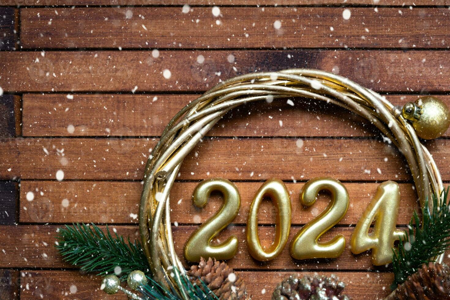 Happy New Year wooden numbers 2024 on cozy festive brown wooden background with sequins, snow, lights of garlands. Greetings, postcard. Calendar, cover photo