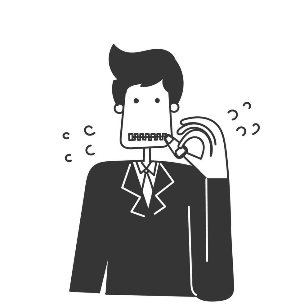 hand drawn doodle person with zippered mouth cartoon vector