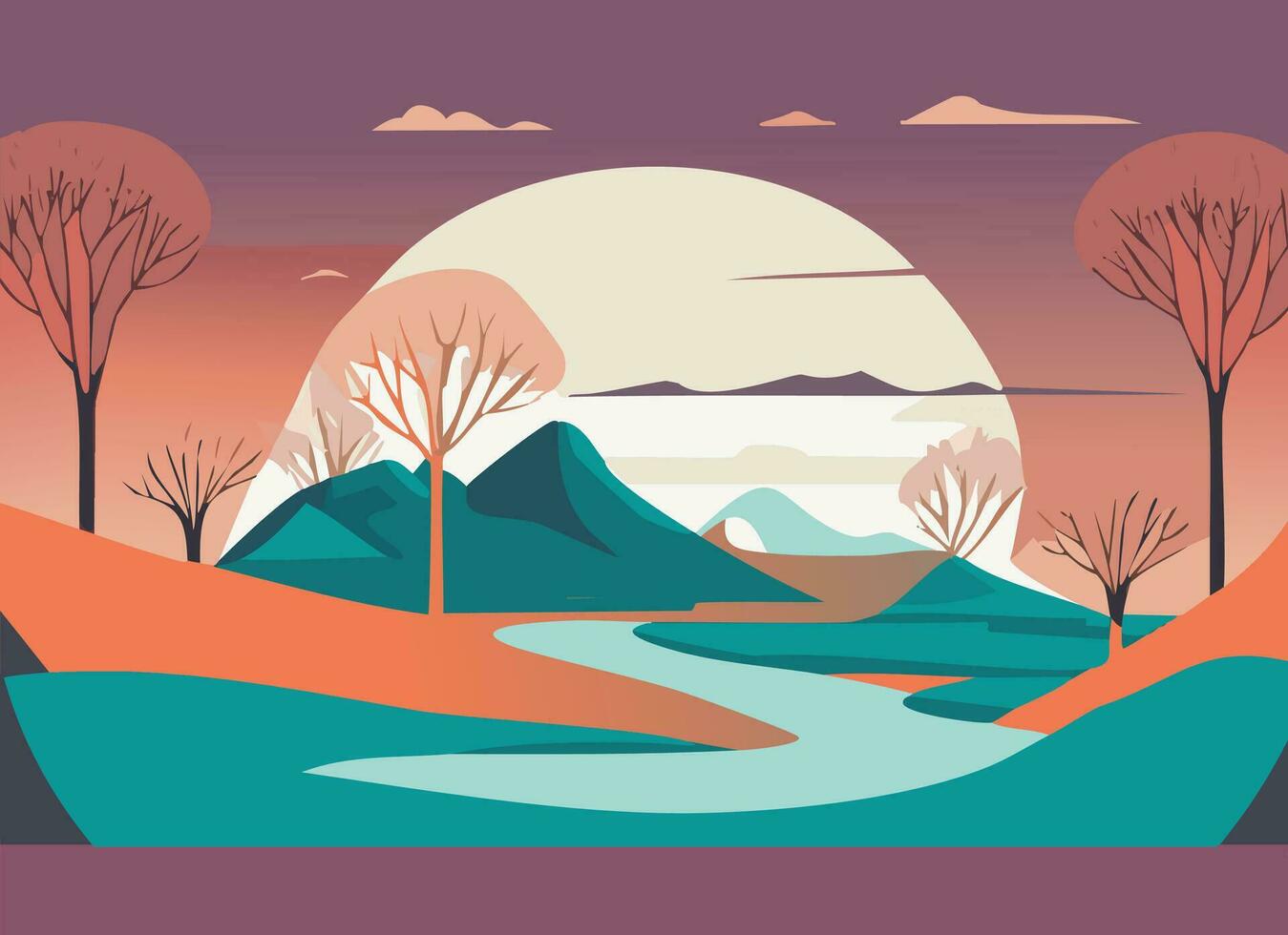 Lost Pink Boho Minimal Landscape Illustration Nature Mountains Abstract Art vector