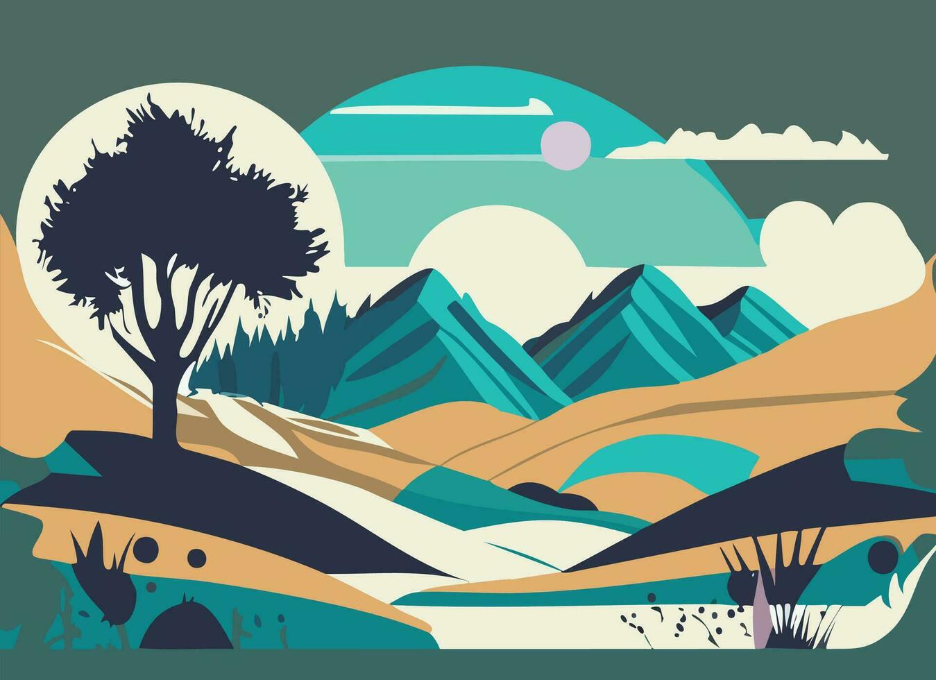 Blue Desert Boho Minimal Landscape Illustration Nature Mountains Abstract Art vector