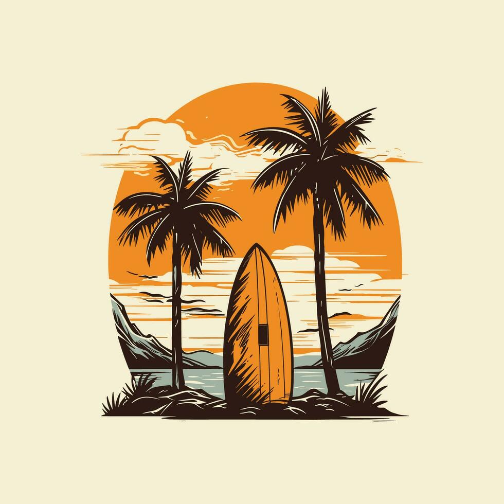 Surfing board vintage vector illustration for t-shirt design