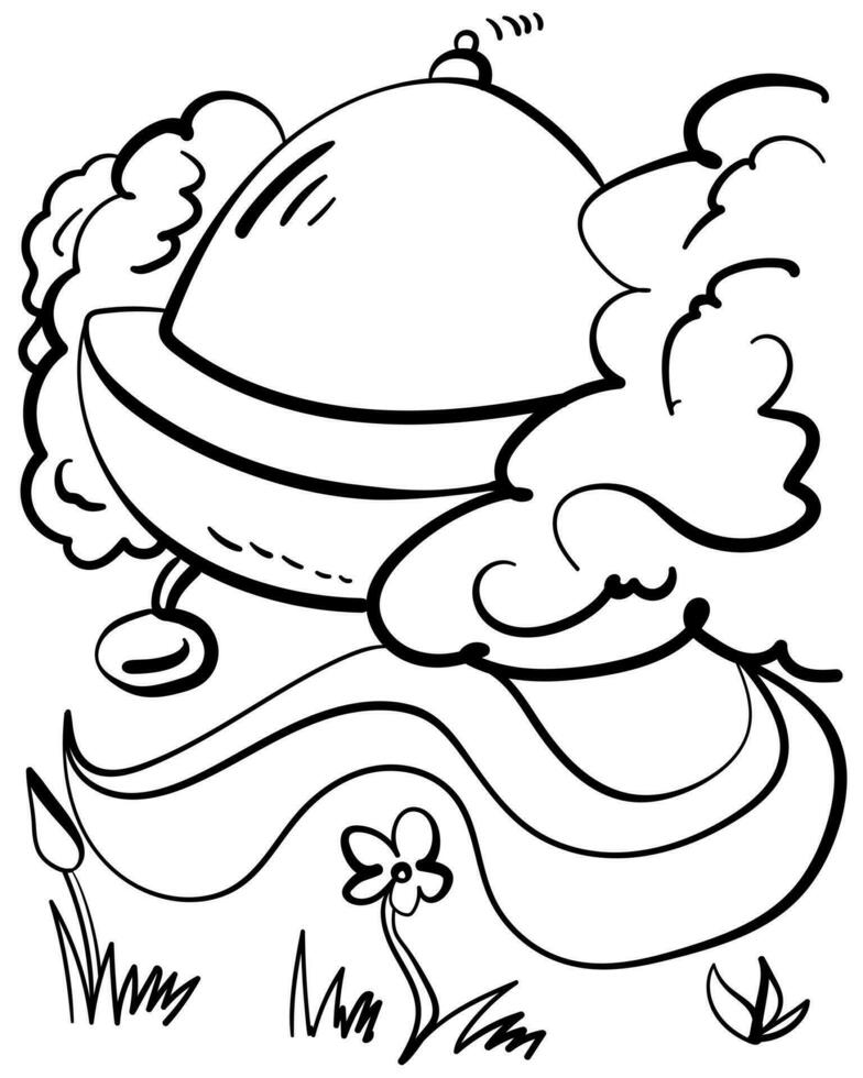 UFO in the bushes, alien themed coloring page for creative activity vector