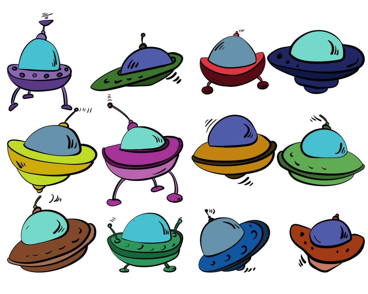 Set of spaceships of different shapes and colors, Various UFO vehicles for design and creativity vector