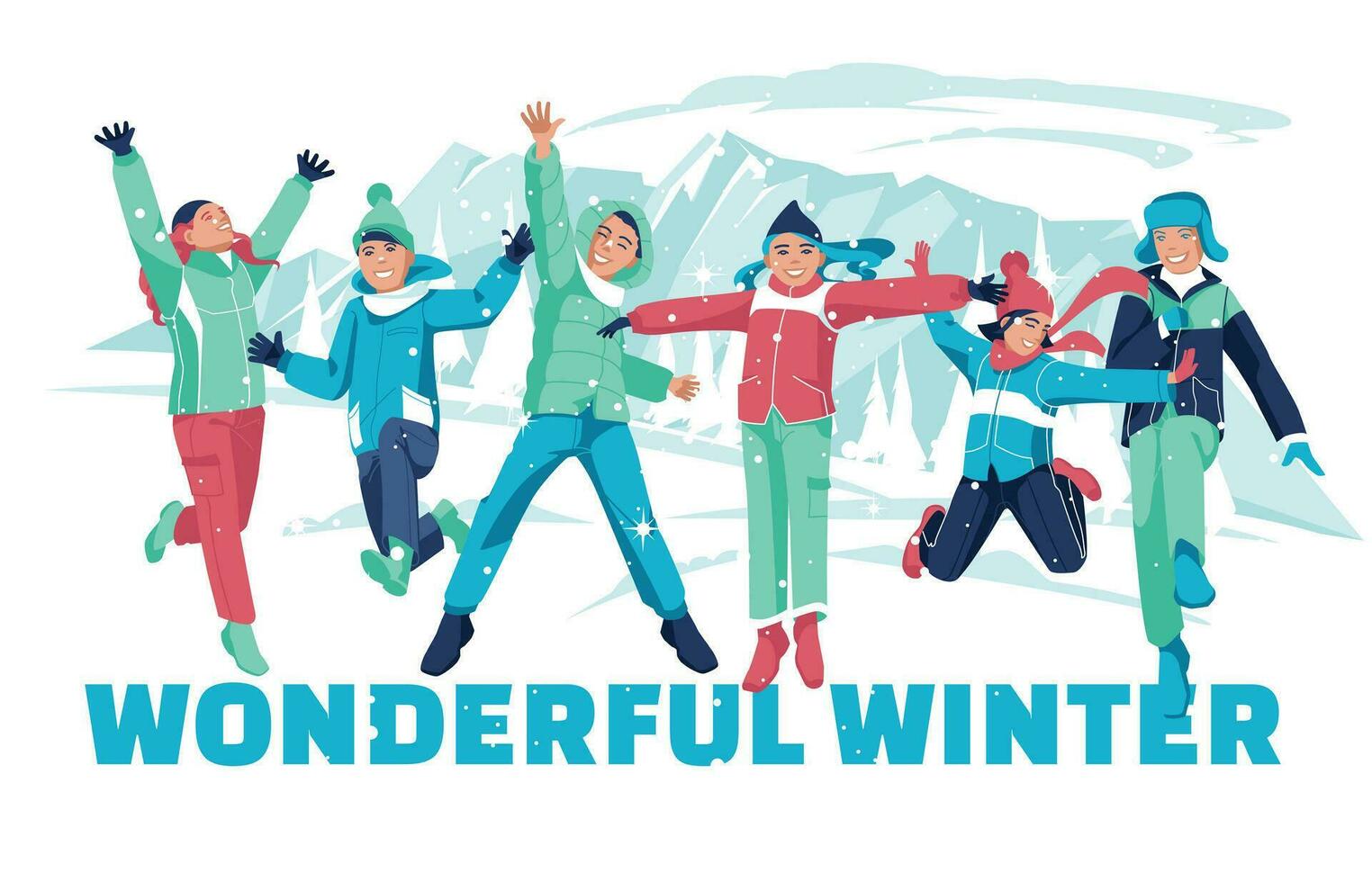A group of happy winter children are jumping on the background of snowy mountains. Winter children's camp. Winter outdoor activities. Vector flat illustration