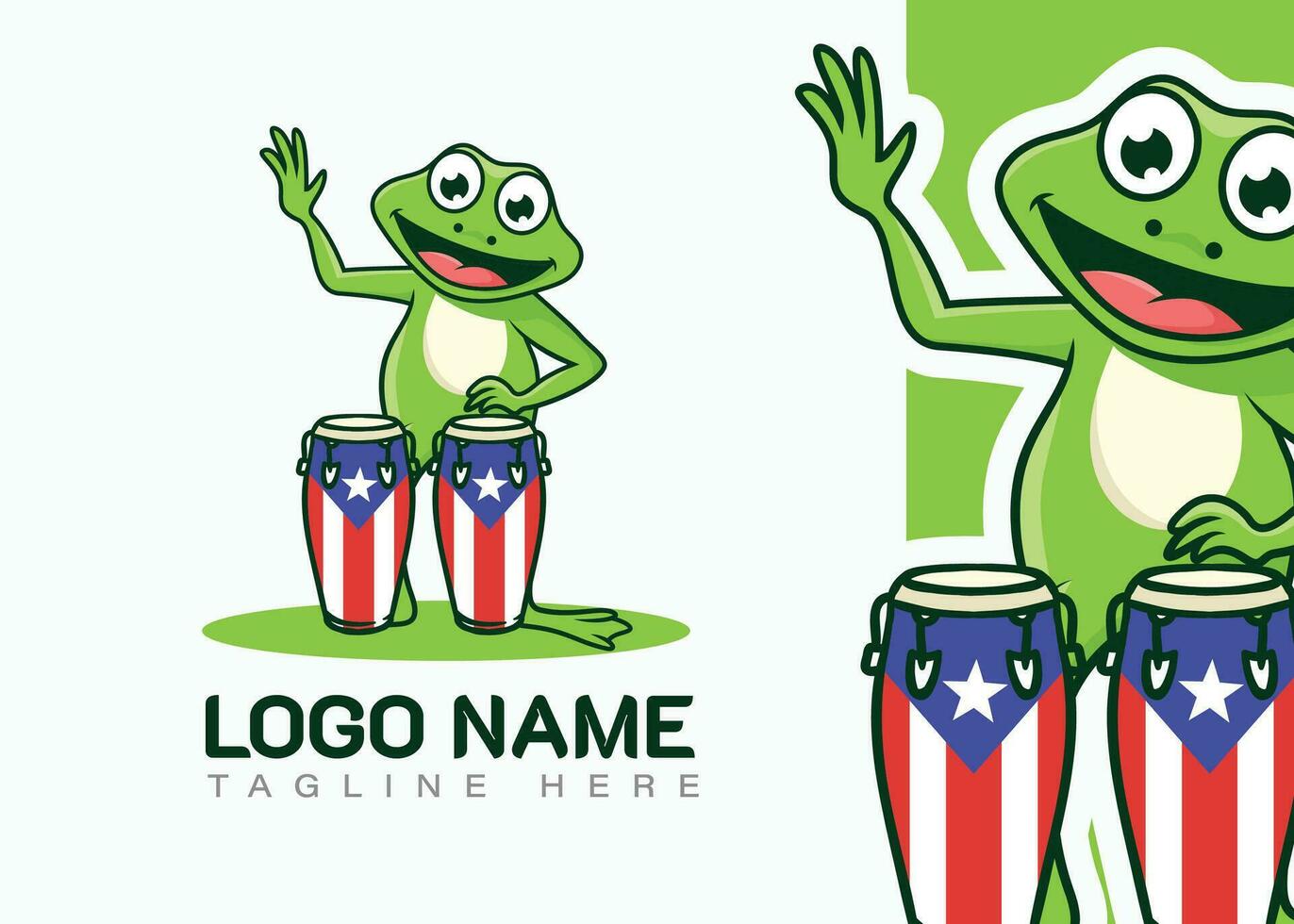 cute frog singing and playing drum. cartoon vector logo illustration.