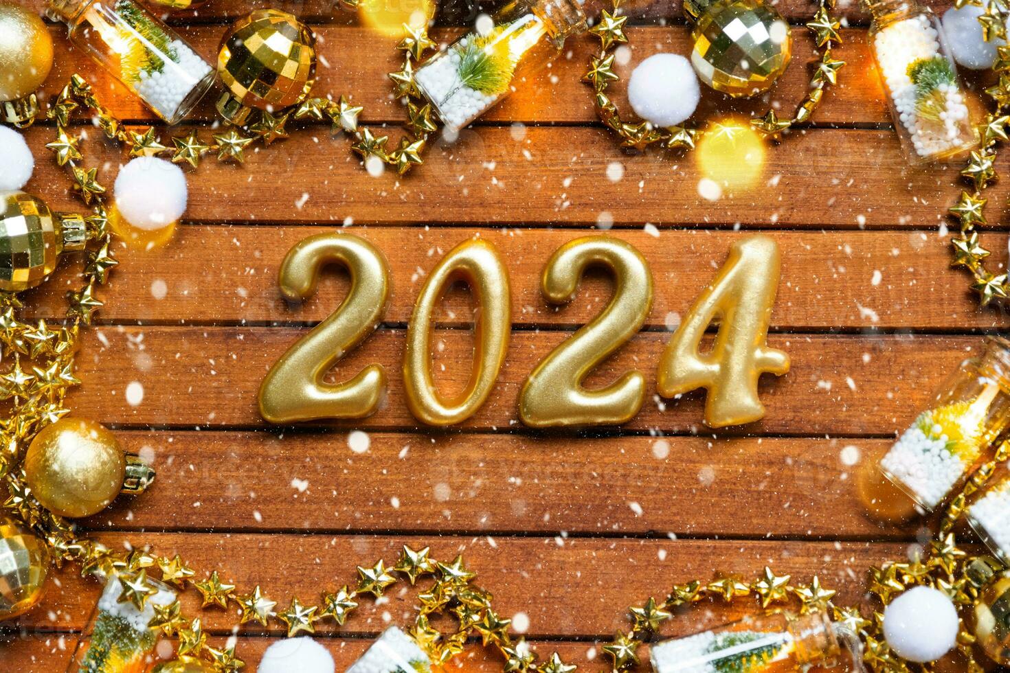 Happy New Year wooden numbers 2024 on cozy festive brown wooden background with sequins, snow, lights of garlands. Greetings, postcard. Calendar, cover photo