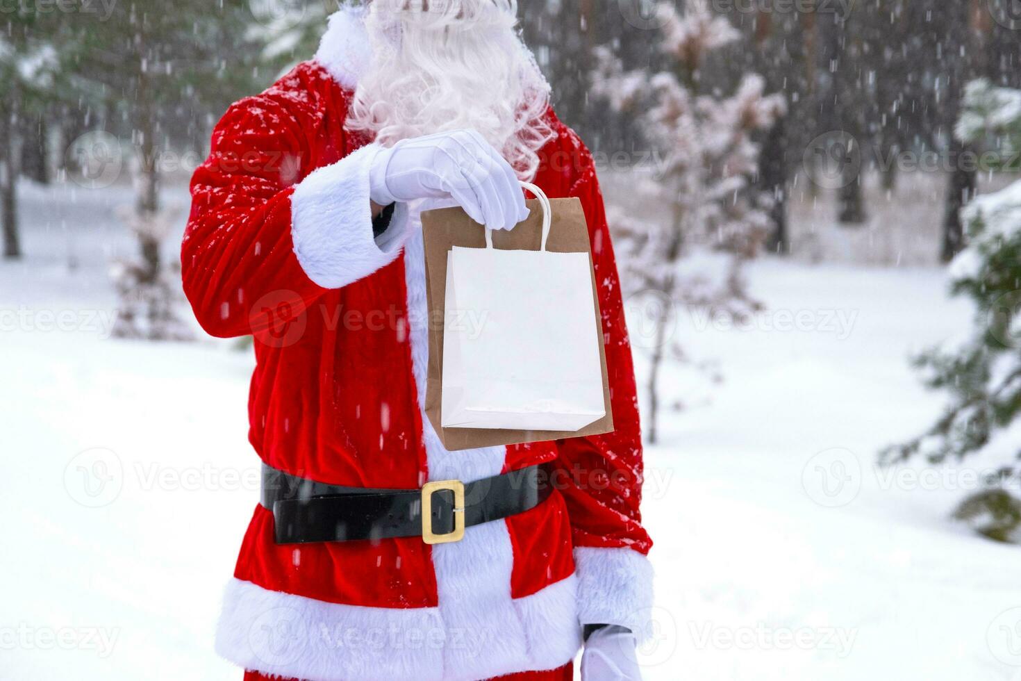 Papa Noel claus al aire libre en invierno y nieve entrega en mano eco papel pantalones con arte regalo, comida entrega. compras, embalaje reciclaje, hecho a mano, entrega para Navidad y nuevo año foto