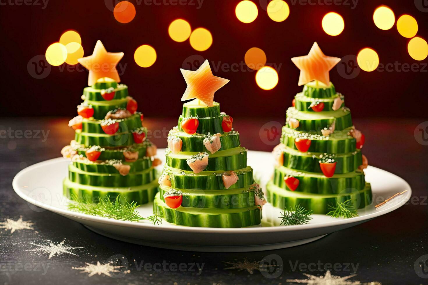 AI generated appetizer in shape of Christmas trees of red fish and fresh cucumber on the festive New Year's table. The recipe and the beautiful presentation. Christmas decor and table setting. photo