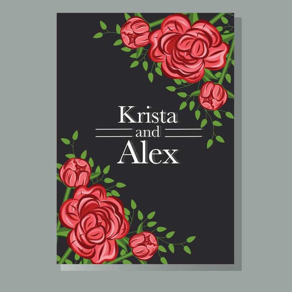 Wedding invitation card  with peony flowers and leaves on black background. Thank you, greeting, birthday. vector