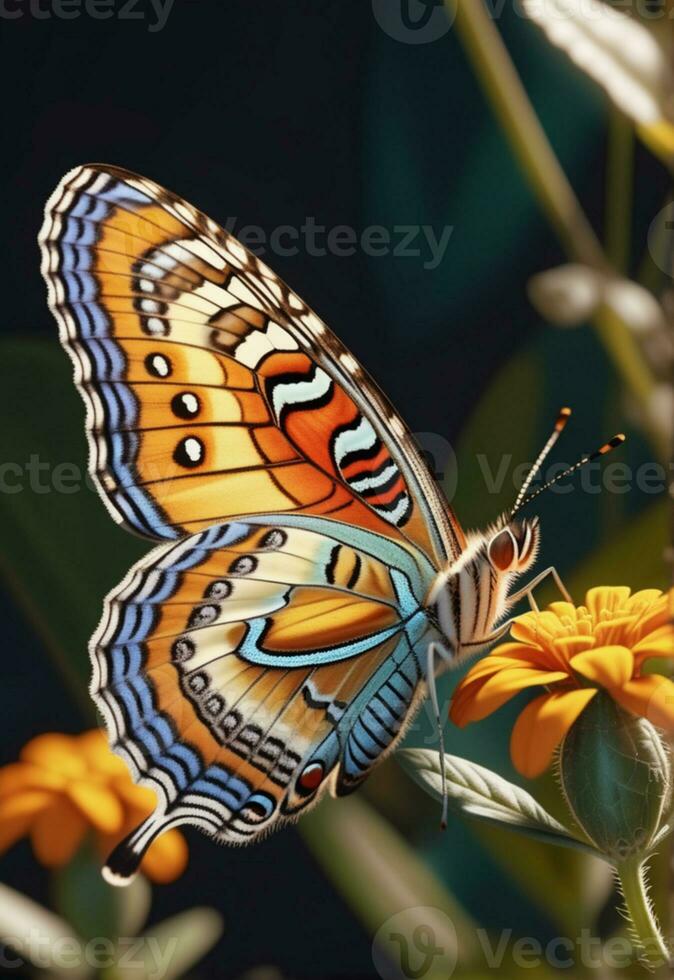 ai generado un mariposa es sentado en un planta con hojas foto