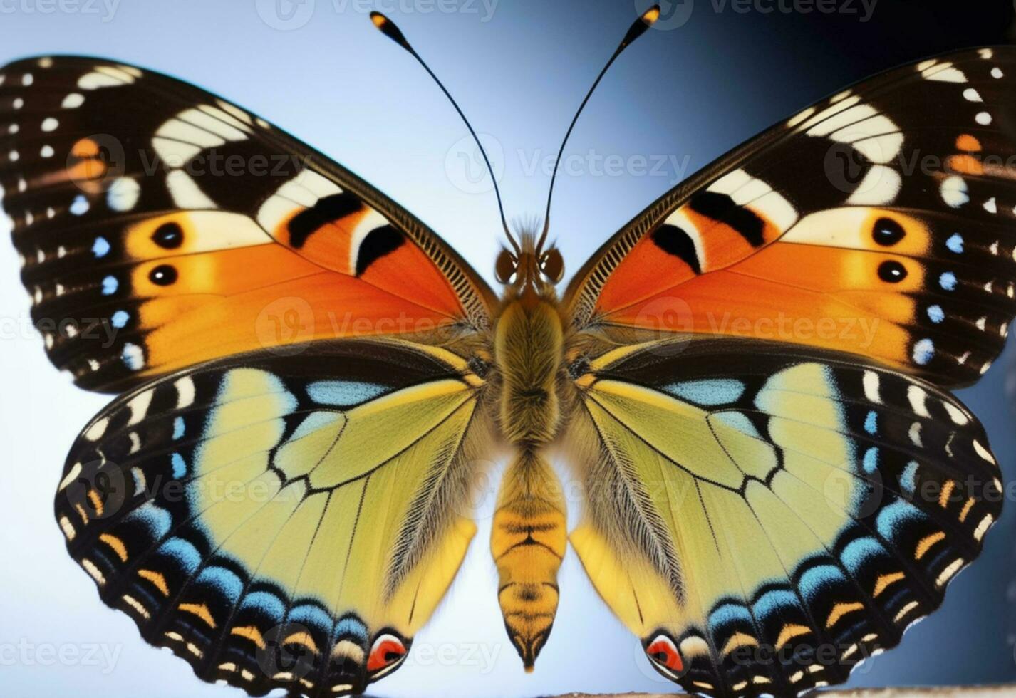 AI generated a butterfly with blue and orange wings is on a green leaf photo