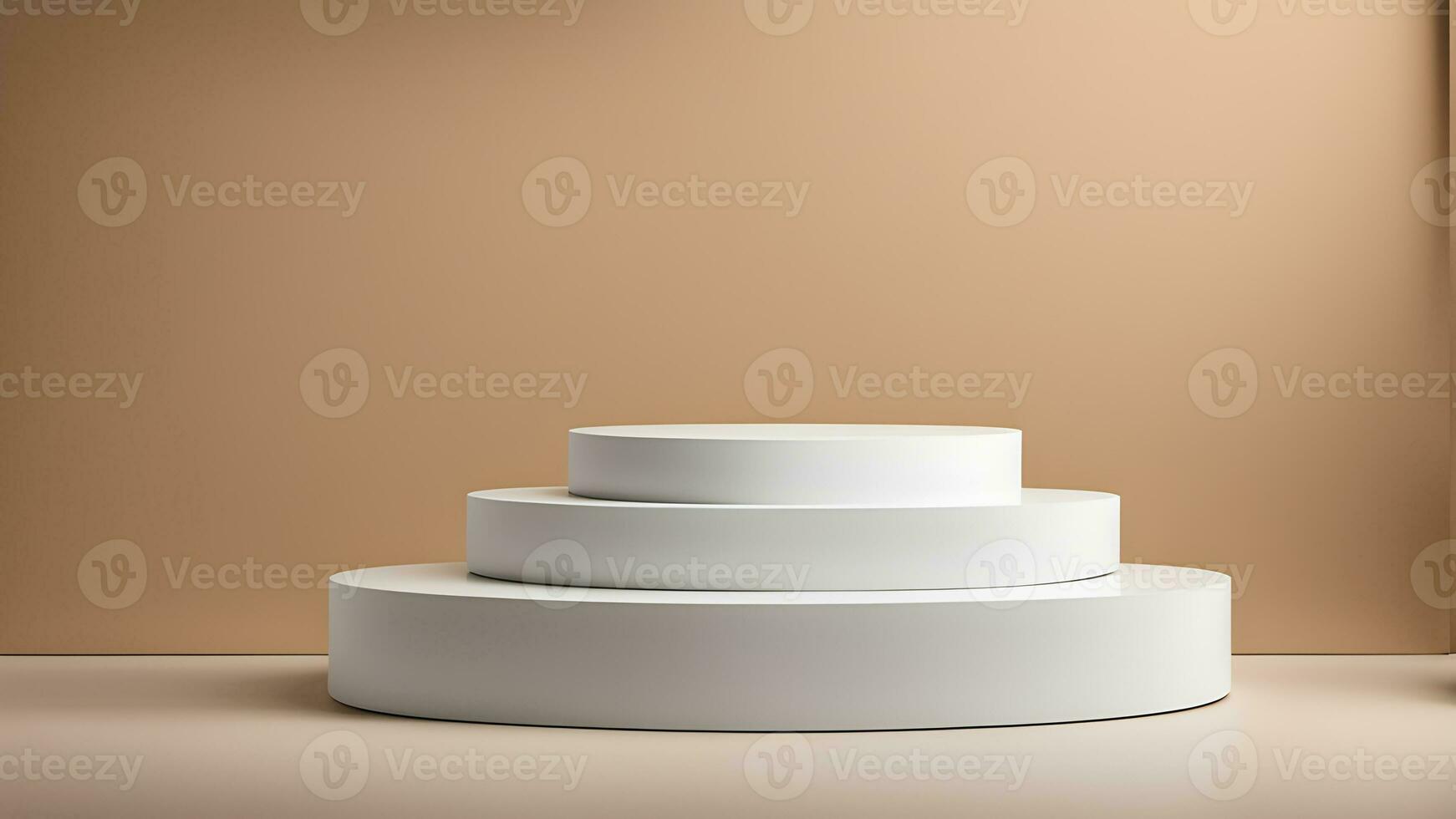 AI generated three white pedestal stands on a table in front of a wall photo