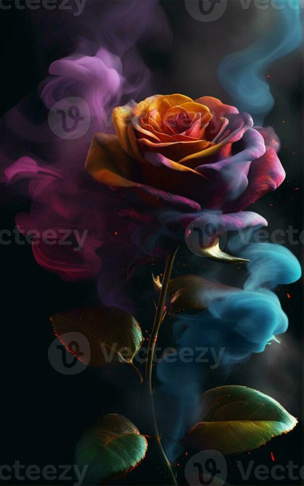 AI generated three roses with smoke and colors photo