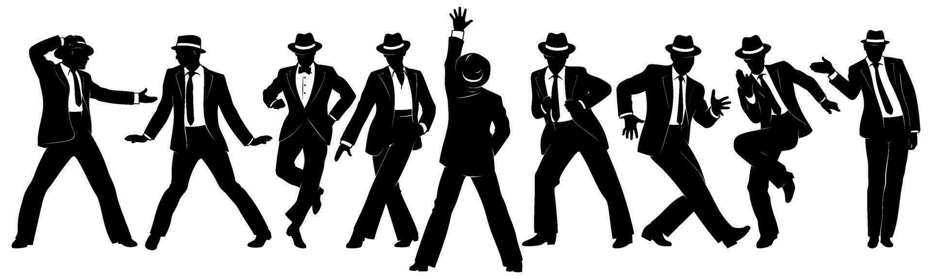 Silhouettes Set of Dancing Men in classic suits and hats. Vector cliparts isolated on white.
