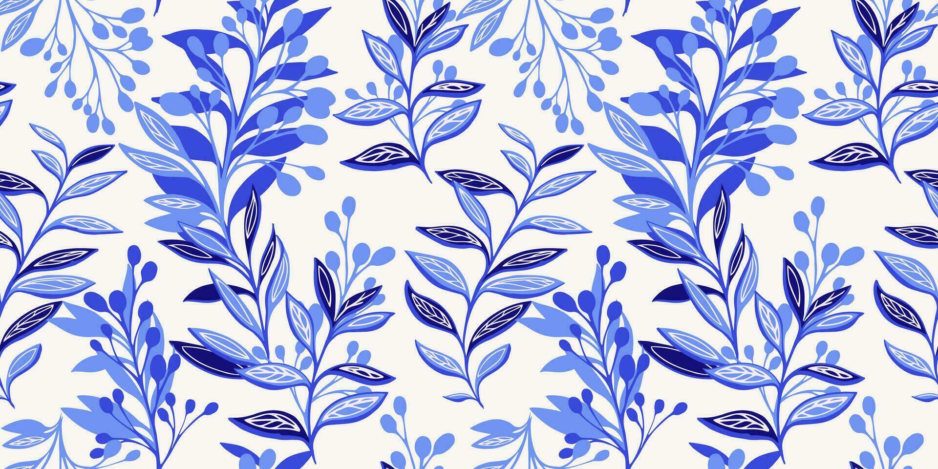 Modern seamless pattern with abstract, creative, leaves, branches, stem. Vector hand drawn. Colorful stylized blue tropical floral background. Design for fashion, fabric, printing