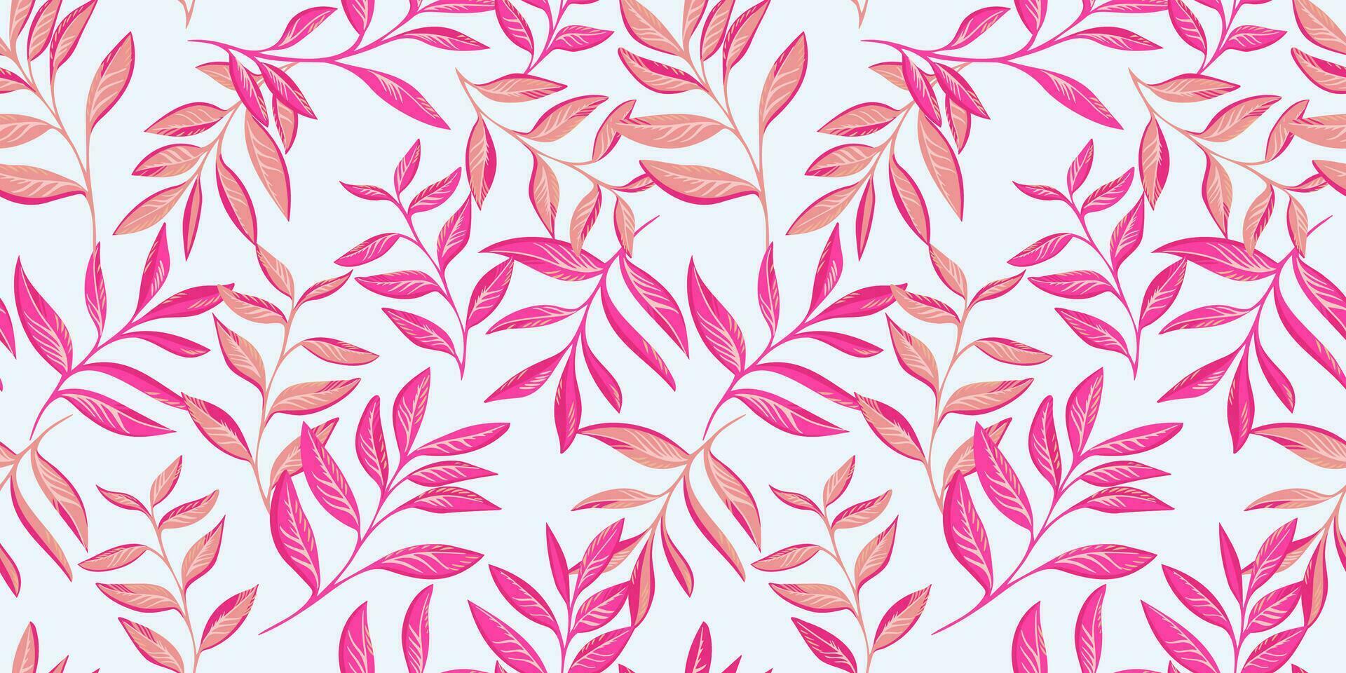 Artistic stylized stems leaves intertwined in a seamless pattern. Vector hand drawn. Creative tropical floral print. Abstract botanical background with pink leaf branches. Design for fashion, fabric